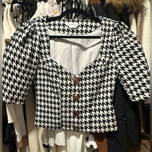 Lovers + Friends Black and White Houndstooth Blouse